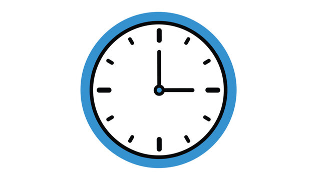 Blue wall clock showing the time at exactly three o-clock represented in a simple minimalist design for schedule concepts.