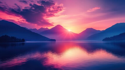 Fototapeta premium Vibrant sunset paints the sky over majestic mountains with colorful reflections on a tranquil lake