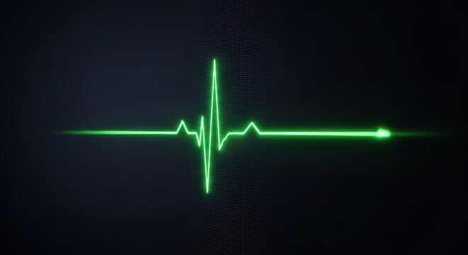 Digital display showing a vibrant green electrogram rhythm line tracing across a dark screen, symbolizing vital signs and medical technology, care, electrogram, biological