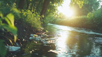 Sunlight Shines on Trash Collection Efforts Along the Banks of a Rural Stream