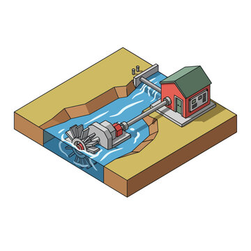 Isometric Hydroelectric Power Plant with Turbine.