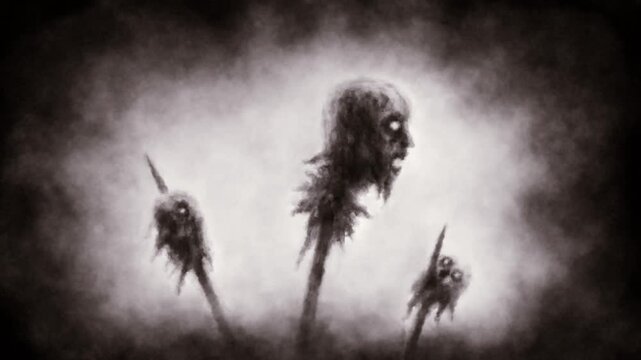 Dark horror 2D animation. Horror fantasy genre. Halloween ghost short animated movie. Scary thing silhouette in fog. Abstract Vj looped video clip. Spooky visions of hell. Monochrome background.