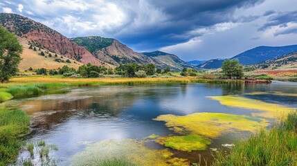 Vibrant Algal Blooms Adorn Peaceful Rural River Landscape Under Overcast Skies