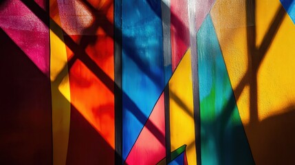 Vibrant Geometric Stained Glass Window with Dramatic Shadows Casting Colorful Light