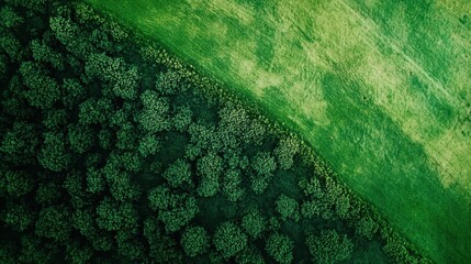 Vibrant green agricultural field and forest canopy viewed from above showcasing sustainable farming and natural landscapes