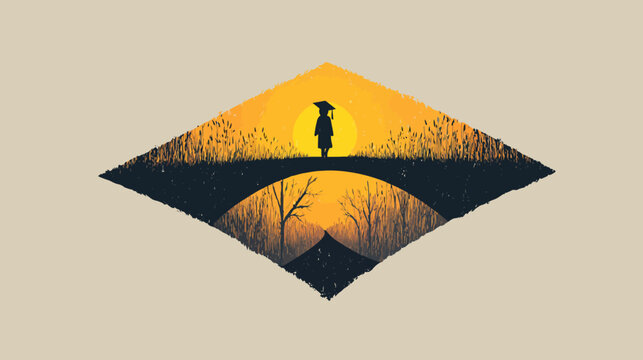 Silhouetted figure on a bridge, set against a sunset, encased in a diamond shape