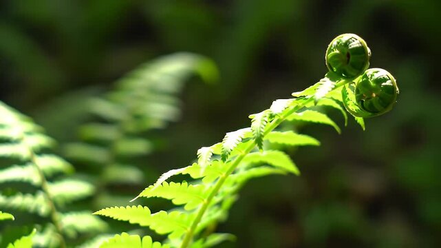 Emerging fern fronds unfurl in a sun-drenched forest scene showcasing vibrant green hues and delicate textures a symbol of new growth hope and natural beauty