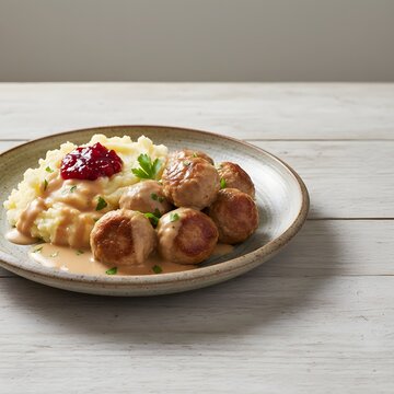 Traditional Swedish Meatballs K&ouml;ttbullar with Creamy Gravy, Mashed Potatoes and Lingonberries
