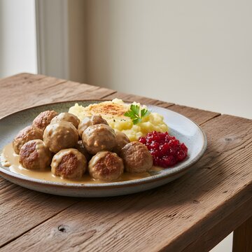 Swedish Meatballs K&ouml;ttbullar with Creamy Gravy, Mashed Potatoes and Lingonberries, Traditional Scandinavian Dish