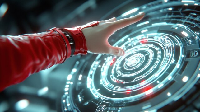 Hand touching a futuristic holographic interface with glowing circular data.