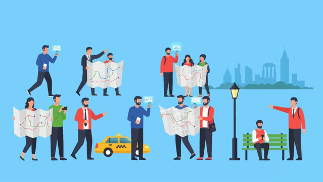 Diverse group of tourists exploring city with maps and smartphones.