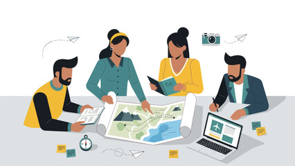 Diverse Team Collaborating on Project Planning with Map and Laptop.