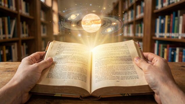 POV Student Holding Open Textbook Projecting 3D Solar System Hologram