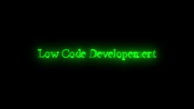 Abstract Glowing Neon Low Code Development Text Animation On Dark Background Representing Accelerated Digital Transformation And Software Automation
