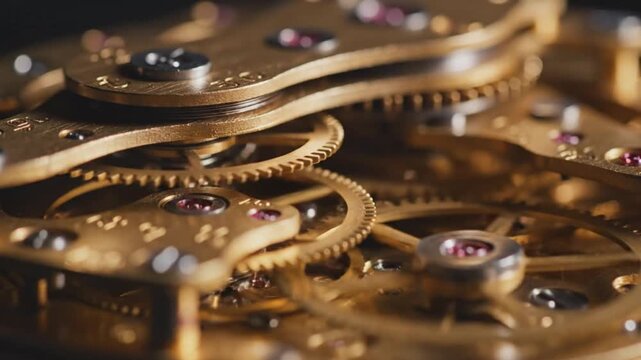 Intricate clockwork mechanism with interlocking gears and springs in a complex assembly viewed from a close-up perspective