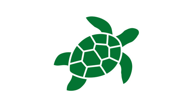 Simple green turtle icon floating diagonally with a segmented shell on white background