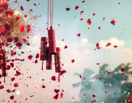 Exploding firecrackers scattering red petals and glitter against a bright sky, celebrating a festive occasion outdoors.