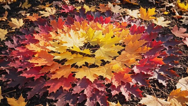 Vibrant autumn leaves arranged in a circular pattern on the forest floor, viewed from directly above, showcasing a variety of colors and textures.