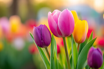 Obraz premium Vibrant spring tulips blooming in a sun-drenched garden field