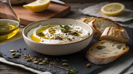 Photorealistic macro labneh smear in shallow ceramic dish with olive oil zaatar pepper and lemon zest, warm slate mood
