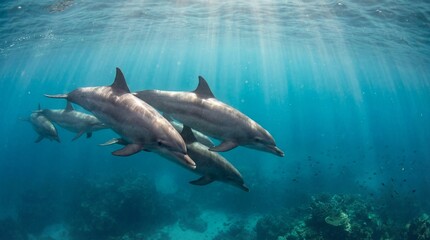 Fototapeta premium Several dolphins swim together gracefully through the clear, sunlit ocean water.