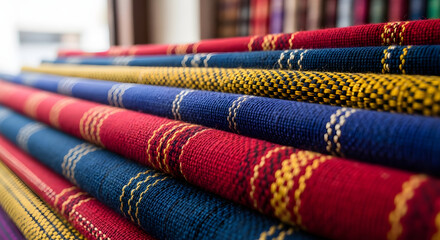 Close Up of Colorful Woven Fabric Rolls with Traditional Textile Patterns