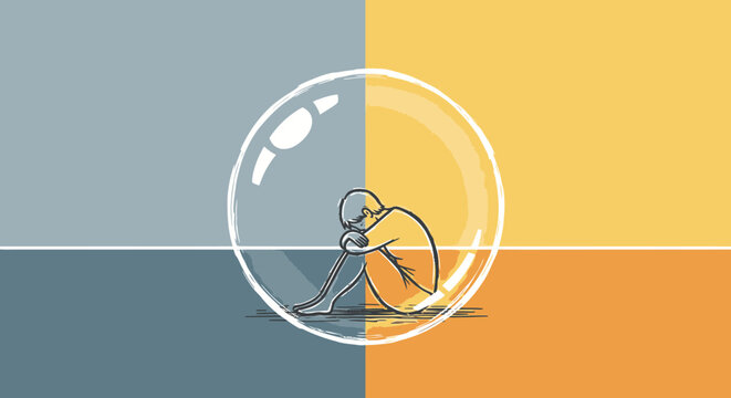 Illustration of lonely person sitting inside transparent bubble representing isolation and protection
