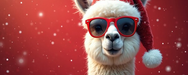 Fototapeta premium Cute alpaca wears Santa hat, red sunglasses. Animal fluffy white fur, on red background with falling snow. Festive llama celebrates winter holidays, perfect for Christmas cards New Year designs.