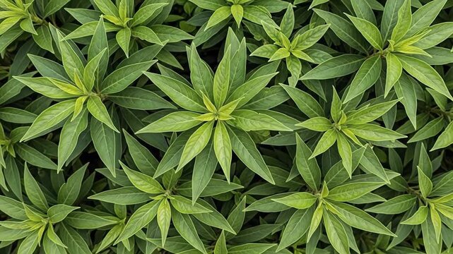 Close-up of dense, vibrant green leaves forming star-like rosettes in lush greenery.