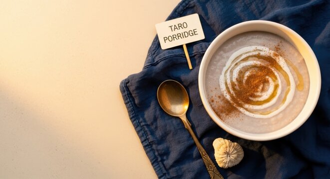 Creamy Coconut Taro Porridge with Honey on Indigo Masi and Warm Copy Space