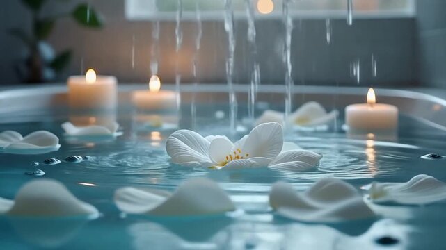 Serene bathtub scene with water flowing, candles lit, and rose petals floating on the surface, creating a peaceful ambiance in a bathroom setting.
