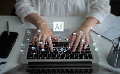 AI neural network and data processing system visualizing artificial intelligence with brain structure, chip, and connected data blocks for computation and learning Latch