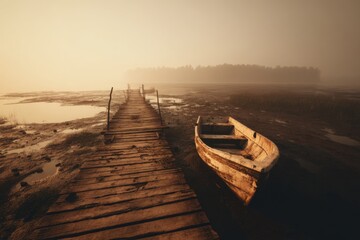 Abandoned Wooden Boat Beside a Rickety Jetty on a Misty Lake