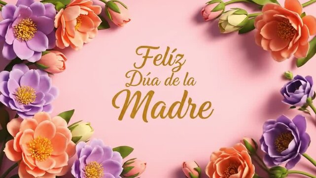 Vibrant Celebratory Bouquet of Purple, Orange, and Pink Flowers for Feliz Dia De La Madre with Circular Arrangement and Soft Pink Background