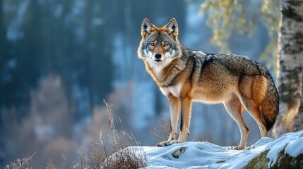 Fototapeta premium Majestic Wolf Standing on Snowy Hill in Winter Forest