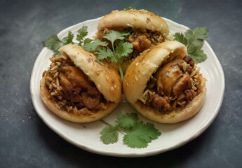 savory stuffed bao buns with chicken and rice on a plate.