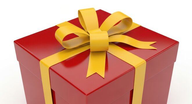 Elegant red gift box with a bright yellow ribbon bow on a clean white background, perfect for celebrations, holidays, and special occasions.