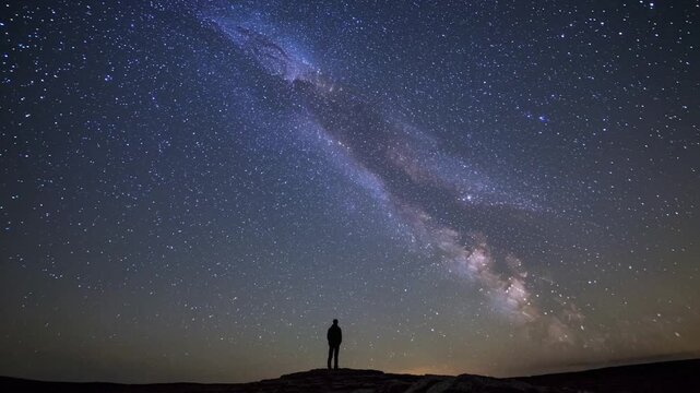 silhouette standing under milky way night sky, lone figure on rocky ridge watching dense star band, cool blue tones, soft horizon glow, calm atmospheric solitude, long exposure feel for dramatic