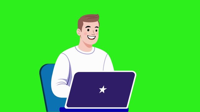 Cartoon Man Working On Laptop Green Screen Video Animation