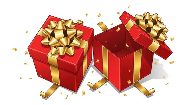 Open red gift box revealing emptiness, with a closed box beside it and scattered gold confetti, symbolizing anticipation