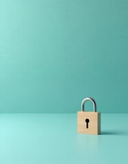 Fototapeta premium Wooden padlock rests on turquoise surface. Simple graphic object represents digital safety and data protection concept. Minimalist design implies security, privacy, access.