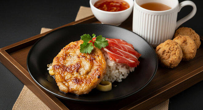 Close-up of grilled meat patty on rice with tuna and parsley, served on a black plate with sauce, tea and cookies, representing a gourmet meal presentation