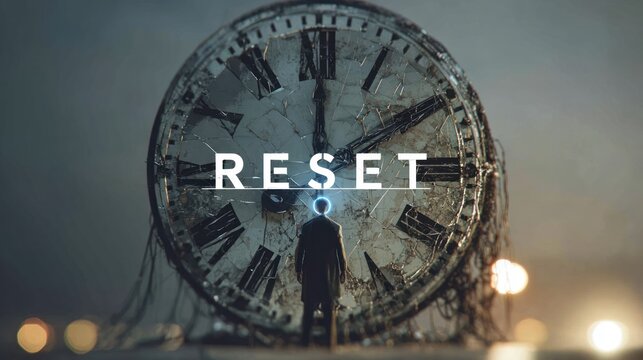 Man facing large clock with the word reset