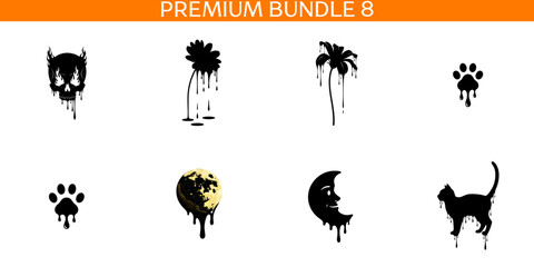 Fototapeta premium Black silhouette of dripping skull flower paw print moon and cat fire flames