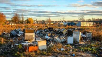 Fototapeta premium A vast landfill scene with rusting appliances and broken furniture stacked haphazardly under soft, industrial background lighting.