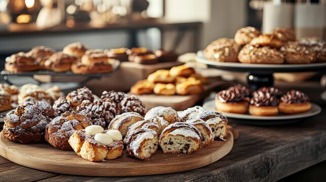 An assortment of freshly baked festive pastries and cookies displayed on a rustic kitchen counter