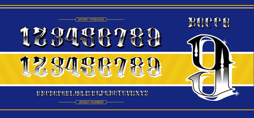 Luxury chrome Blackletter font on Boca-style jersey, featuring Gothic numbers and metallic Victorian typography for sports. © nisyaprima