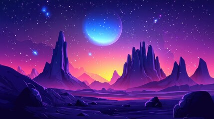 Fototapeta premium Alien Planet Landscape Under a Vibrant Starry Night Sky with a Large Glowing Moon and Majestic Purple Mountains