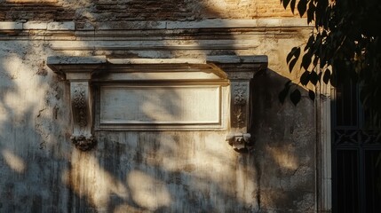 Detailed stone architectural element with ornate carvings bathed in dappled natural sunlight