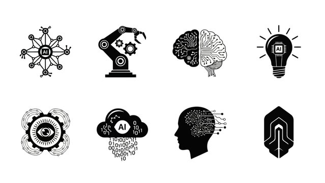 Monochrome vector icon set Artificial Intelligence robotics machine learning technology EPS10 Stock.eps